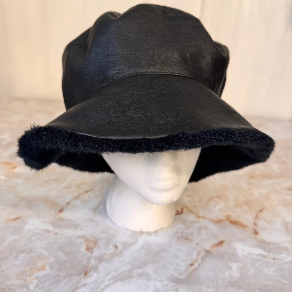 Faux Leather Bucket Hat Women Black Faux Leather and Fur Trim Winter Retro Chic